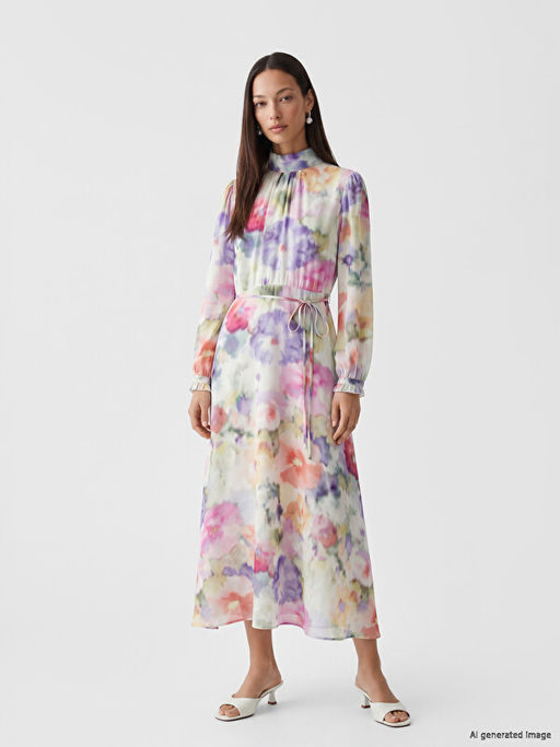 Dik Yaka Batik Desenli Beli Ku?akl? Elbise