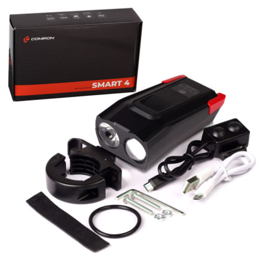Фонарь передний интеллектуальный COMIRON SMART4 ABS; свет: 2xT6, 800lm; 4000 mAh, USB; ближний/дальний свет сигнал 120Дб. 5 режимов красный /уп 40/ - ГалеонТрейд фото 4