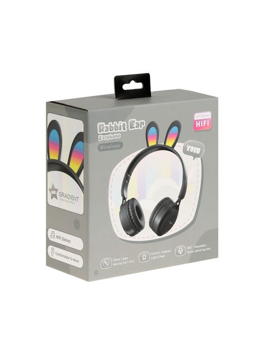 Наушники детские, беспроводные, накладные, с ушками зайца, Y08R, Bluetooth 5.1, с микрофоном, с подсветкой, 400 мАч, чёрные