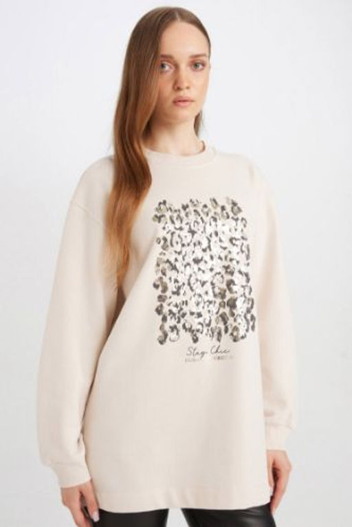 Relax Fit Bisiklet Yaka Parlak Bask?l? Ici Yumusak Tuylu Ince Sweatshirt Tunik