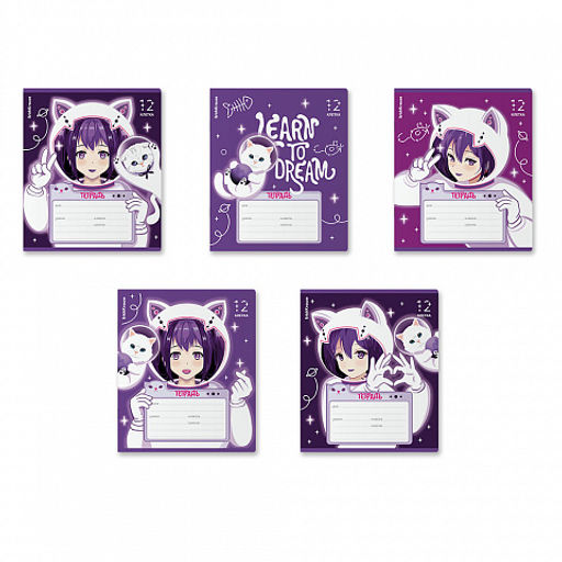 Цена за 10 шт. Тетрадь школьная ученическая ErichKrause Space Anime, 12 листов, клетка, выборочный УФ-лак c глиттером (в плёнке по 10 шт.)_MIX-PACK фото 2
