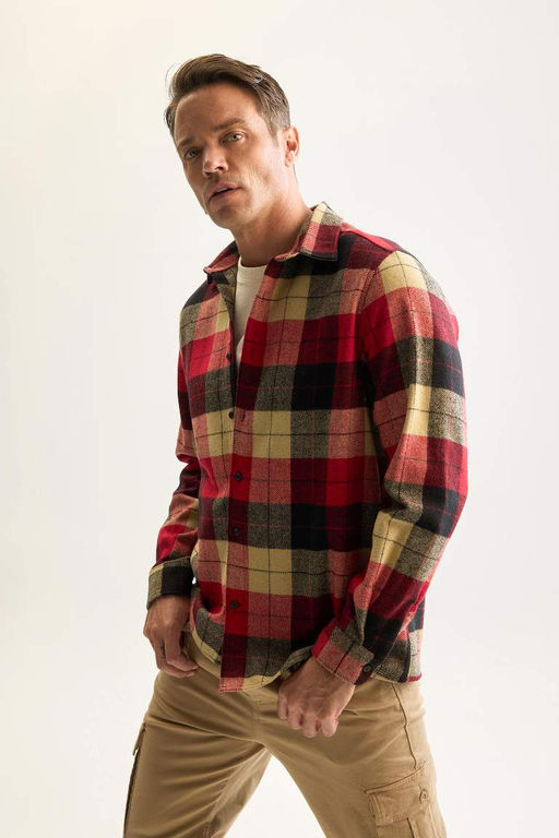 Мужская бордово-красная фланелевая рубашка с длинными рукавами и воротником-поло стандартного кроя в клетку Lumberjack - Defacto фото 3