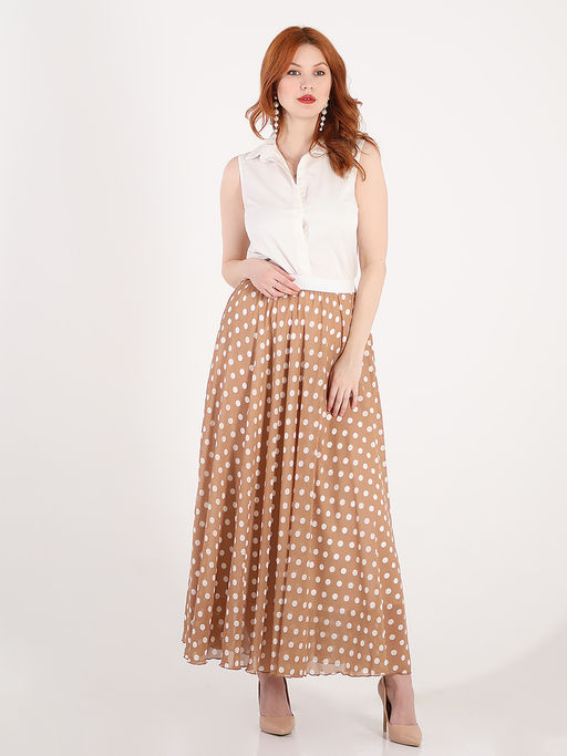 Юбка бежевая длинная в горох из шифона