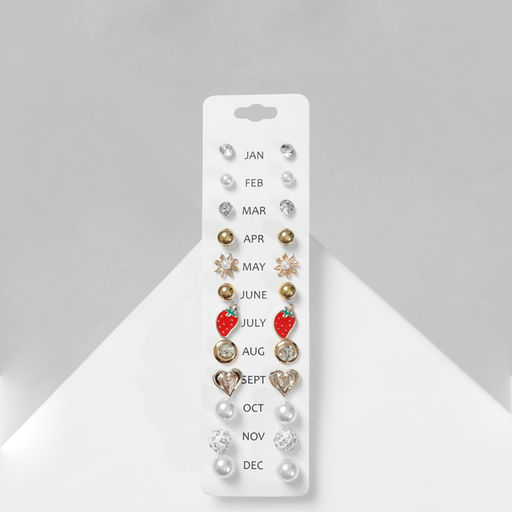 Серьги пусеты One year, 12 пар беззаботность, бело-красные в золоте