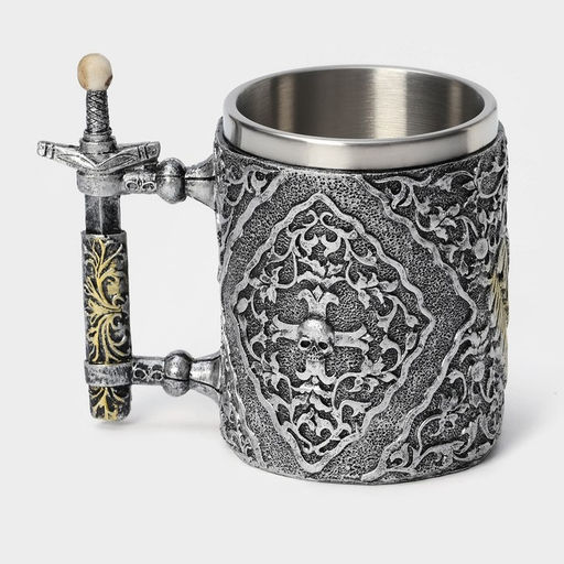 Кружка средневековая «Череп с мечом. Хэллоуин», 400 мл, 14×9×11 см, нержавеющая сталь, серебристая