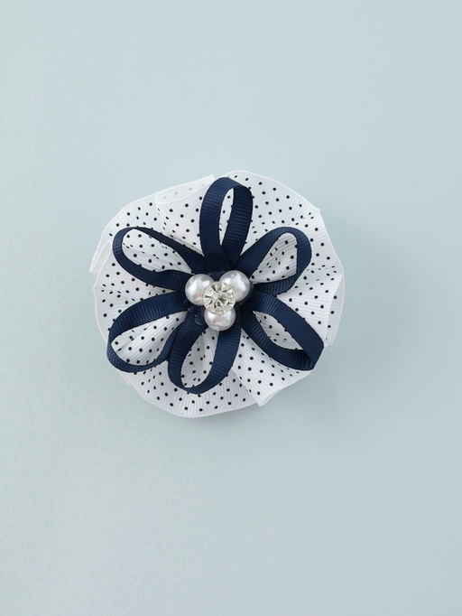 Цена за 6 шт. Бант для волос на резинке «Школьница», мелкий горошек и бусинки, d=7.5 см, бело-синий