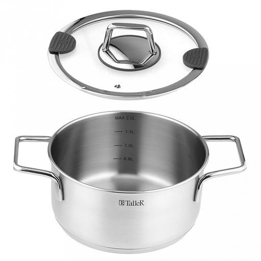 Кастрюля из нержавеющей стали "Сascade" 2л, д18см, h9-13,5см, s0,6мм, дно д16,5см, s2,9мм, стеклянная крышка со стальным ободом и сливом, пароотовод, капсулированное дно, полировка внешняя - матовая, внутренняя - матовая, ручки из нержавеющей стали н