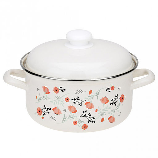 "Blossom" Набор эмалированных кастрюль 2 предмета: 2л, 3л, s0,8мм, форма цилиндрическая, двойной слой эмалевого покрытия, металлическая крышка с пластмассовой ручкой-кнопкой, металлические ручки, нержавеющий ободок (Россия)