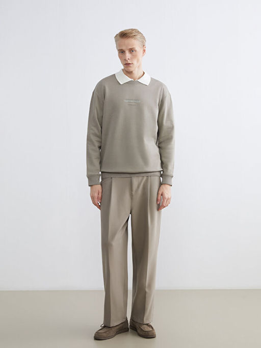 Bisiklet Yaka Bask?l? Erkek Kal?n Sweatshirt