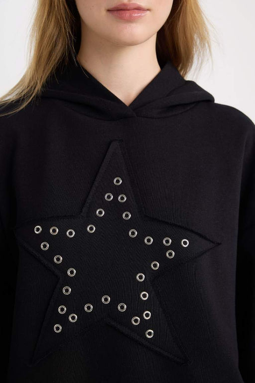 Женский черный крутой толстый свитшот оверсайз широкого кроя со звездами - Defacto фото 5