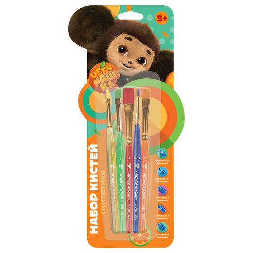 Набор кистей Мульти-Пульти "Чебурашка" 5шт., синтетика №3 круглая, №2/6/14 плоские, №1 овальная (НКЧБ_53002)