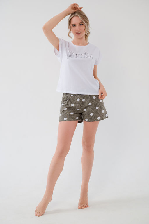 Пижама женская из футболки и шорт из кулирки Алиса горох хаки - Амадэль фото 2