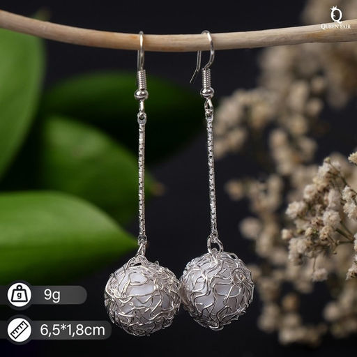 Серьги висячие "Шар плетёный", цвет белый в серебре, 6,5см
