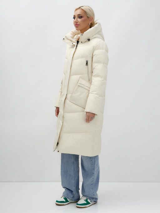 Пальто утепленное стеганное зимнее с капюшоном женское бежевого цвета 9639B - Mtforce фото 10