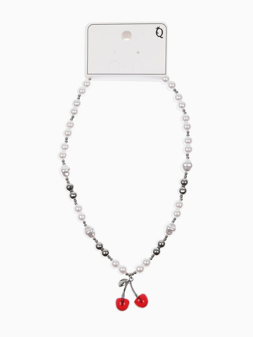 Кулон на жемчужных бусах "Вишня", цвет белый в серебре