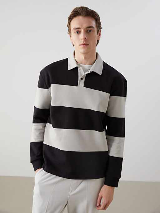 Polo Yaka Uzun Kollu ?izgili Erkek Sweatshirt