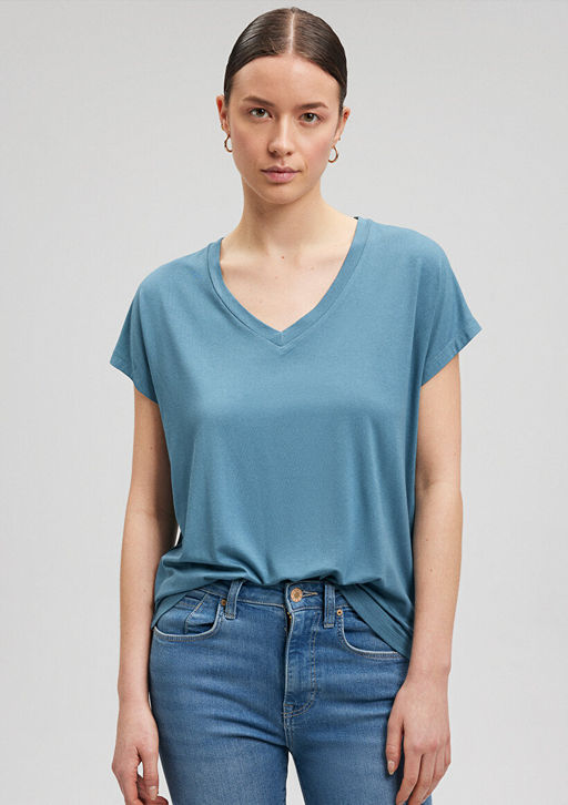 V Yaka Mavi Basic Viskoz Tisort