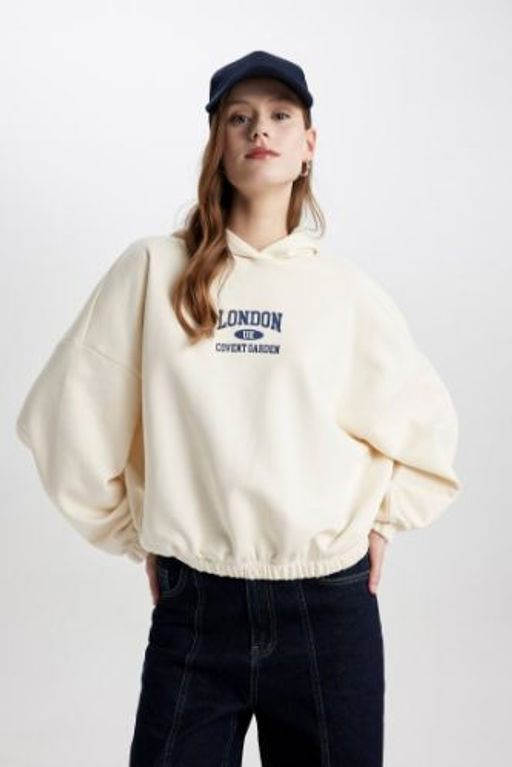 Relax Fit Kapusonlu Bask?l? Etek Ucu Lastikli Kal?n Sweatshirt