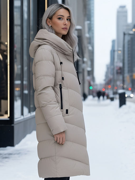 Пальто зимнее утепленное с капюшоном женское бежевого цвета 1318B