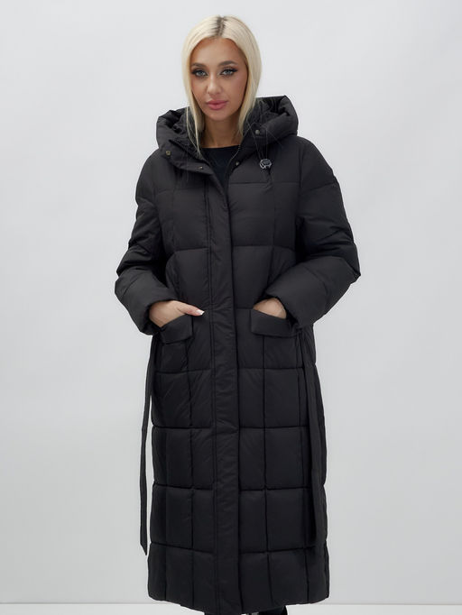 Пальто утепленное стеганное зимнее с капюшоном женское черного цвета 9609Ch - Mtforce фото 12