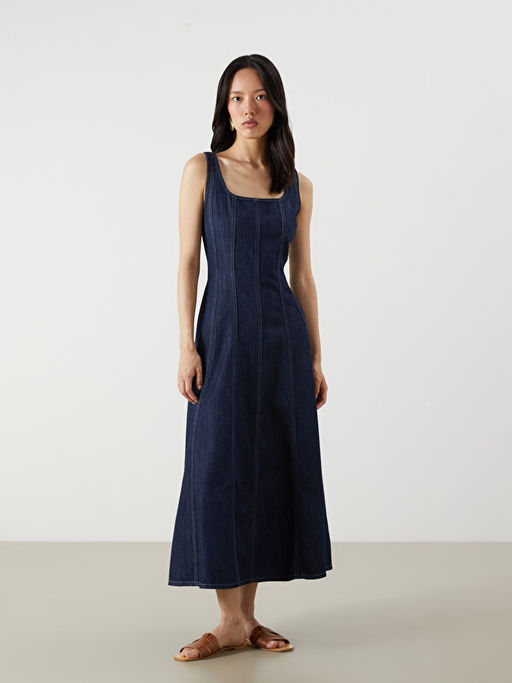 Kare Yaka Mini Jean Elbise