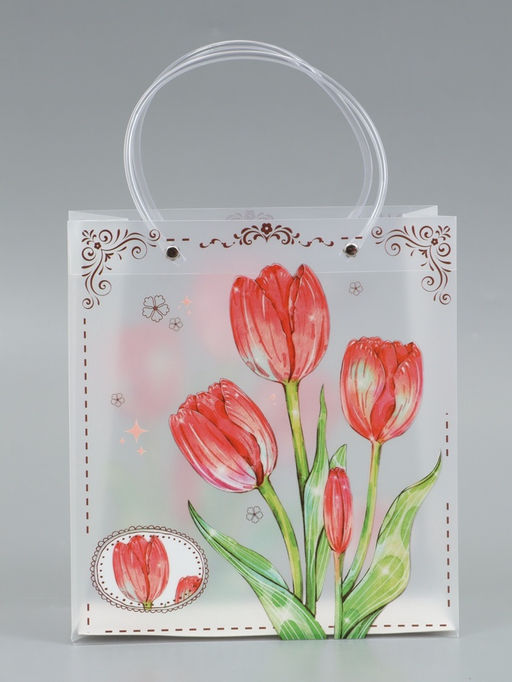 Пакет подарочный прозрачный, "Тюльпаны", 22 х 10 х 24 см