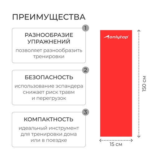 Эспандер ленточный для фитнеса ONLYTOP, 150×15×0.03 см, 5 кг, цвета МИКС