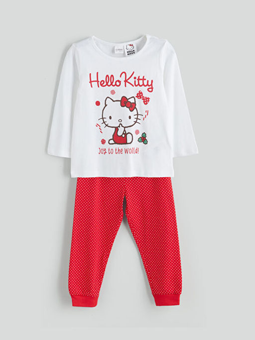 Bisiklet Yaka Hello Kitty Bask?l? K?z ?ocuk Pijama Tak?m?