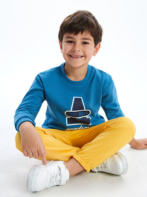 Bisiklet Yaka Bask?l? Erkek Bebek Sweatshirt ve E?ofman Alt 2li Tak?m