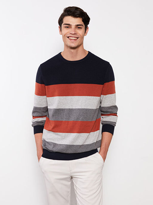 Bisiklet Yaka Uzun Kollu ?izgili Erkek Triko Kazak