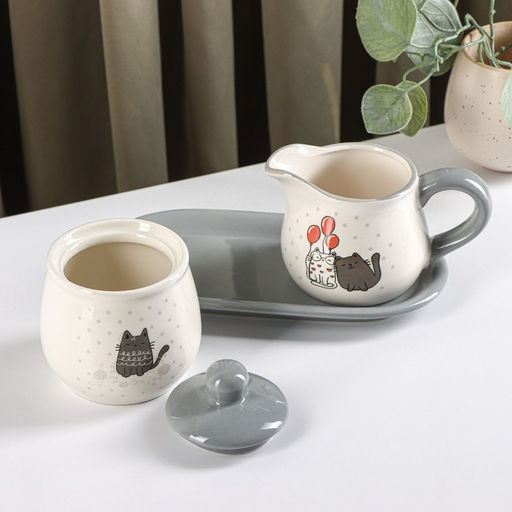 Набор сервировочный Доляна Уютные коты, 2 предмета: молочник 270 мл, сахарница 310 мл, белый, серый