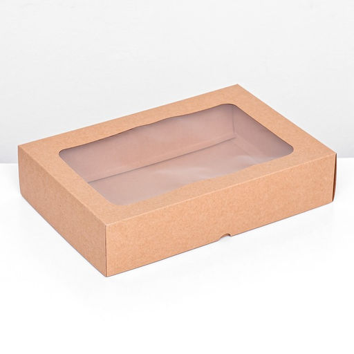 Цена за 5 шт. Коробка складная, крышка-дно, с окном, крафт, 30 х 20 х 6,5 см,
