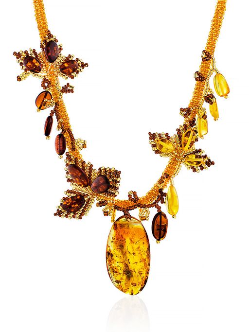 Авторское плетёное колье из бисера и натурального янтаря Лукоморье