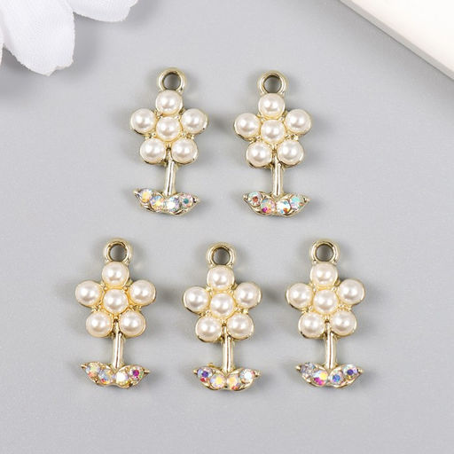 Цена за 5 шт. Декор для творчества металл, стразы Цветочек жемчужный с листиками, золото, 1.1?2 см