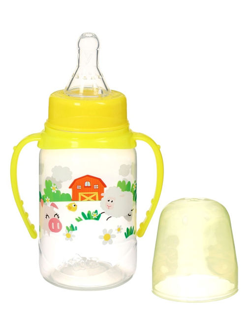 Бутылочка для кормления M&B «Весёлая ферма», классическое горло, с ручками, от 0 мес., 150 мл., жёлтый