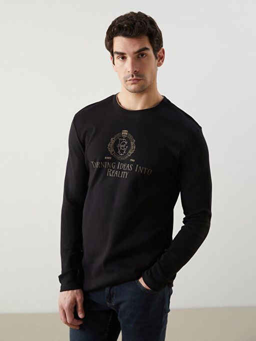 Bisiklet Yaka Uzun Kollu Bask?l? Erkek Sweatshirt