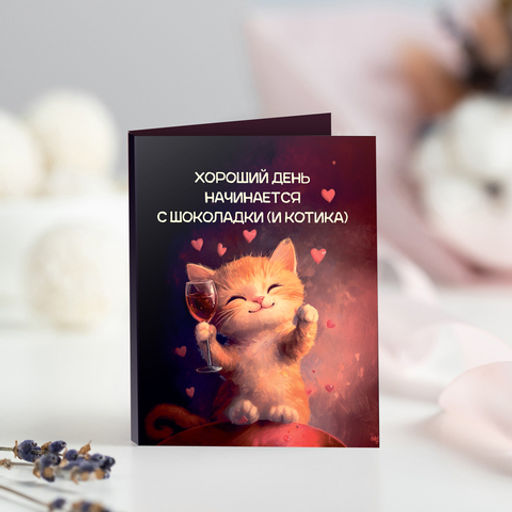цена за 2 шт Мини-открытка Хороший день начинается с шоколадки (кот с вином) - 8 чудо фото 2
