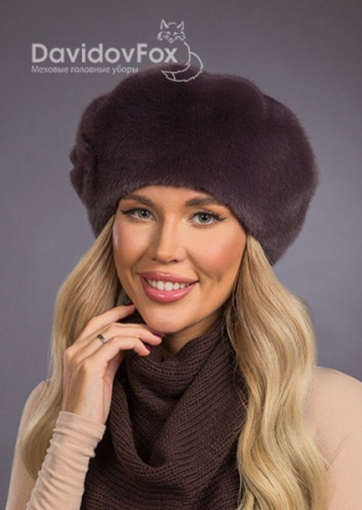 Шапка Берет экомех с украшением браун