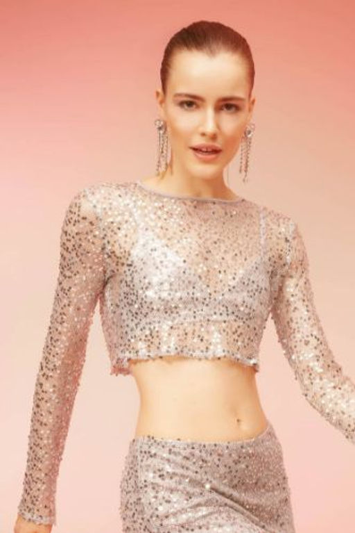 Regular Fit Bisiklet Yaka Payetli Kumas Uzun Kollu Tisort