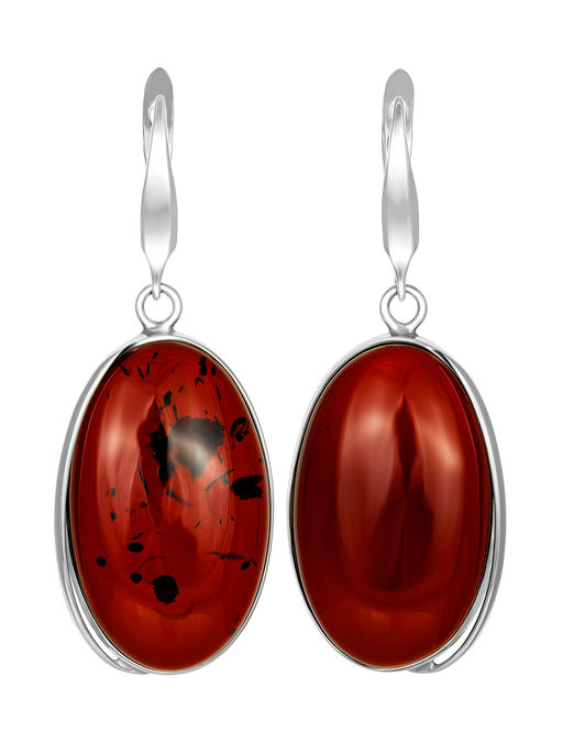 Серьги с крупным овальным насыщенно-вишнёвым янтарем Лагуна