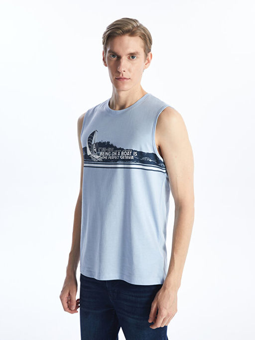 Bisiklet Yaka Bask?l? Erkek Kolsuz Ti??rt