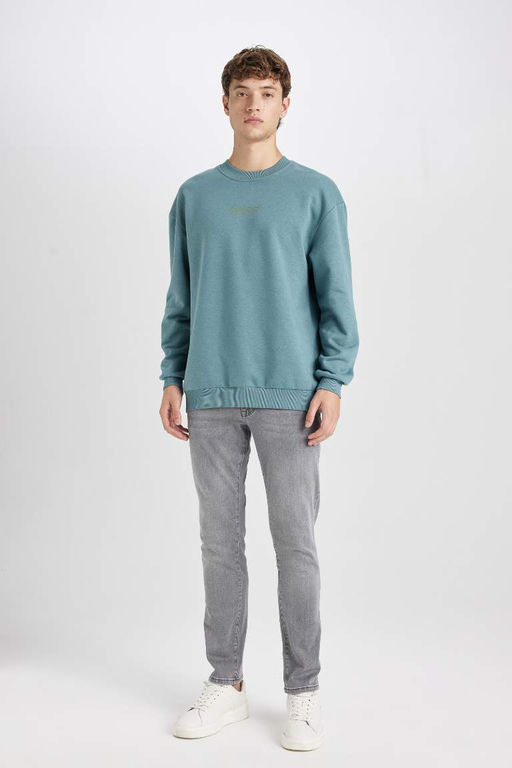 Мужской мятный свитшот свободного покроя с круглым вырезом и принтом - Defacto фото 2