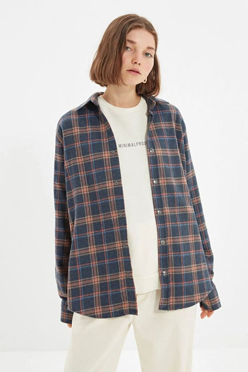 Lacivert Unisex Oversize __t__t Kapamal_ Oduncu Ekose G_mlek TMNAW22GO0745 - Trendyolmilla фото 2