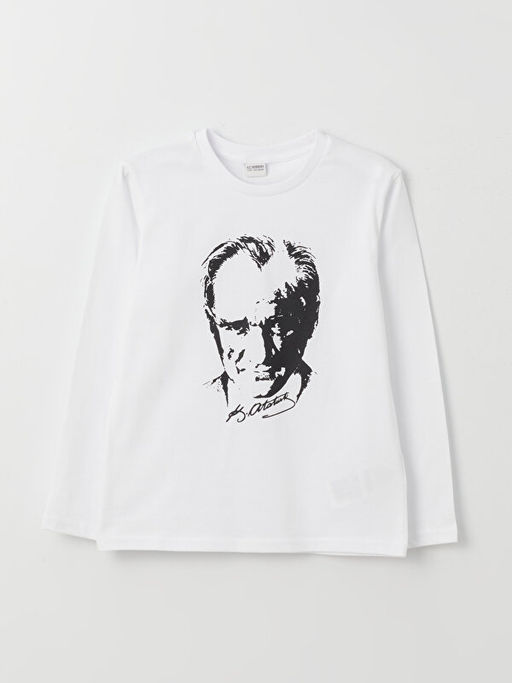 Bisiklet Yaka Atat?rk Bask?l? Uzun Kollu Erkek ?ocuk Ti??rt