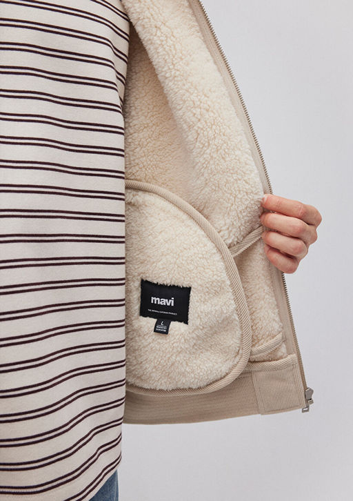 Suni Kurk Detayl? Bej Kadife Ceket - Mavi фото 6