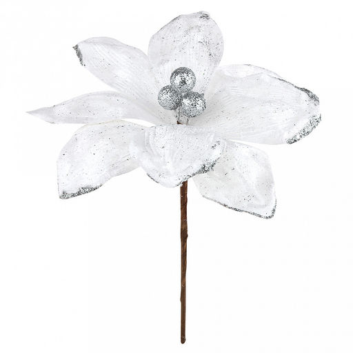 Декоративный цветок "Магнолия" д13см, h25см, для ветки, венка, с ножкой, пластик, бархат, белый (Россия)