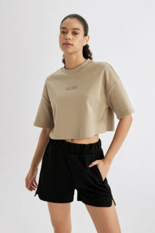DeFactoFit Crop Bisiklet Yaka Bask?l? Sporcu K?sa Kollu Tisort