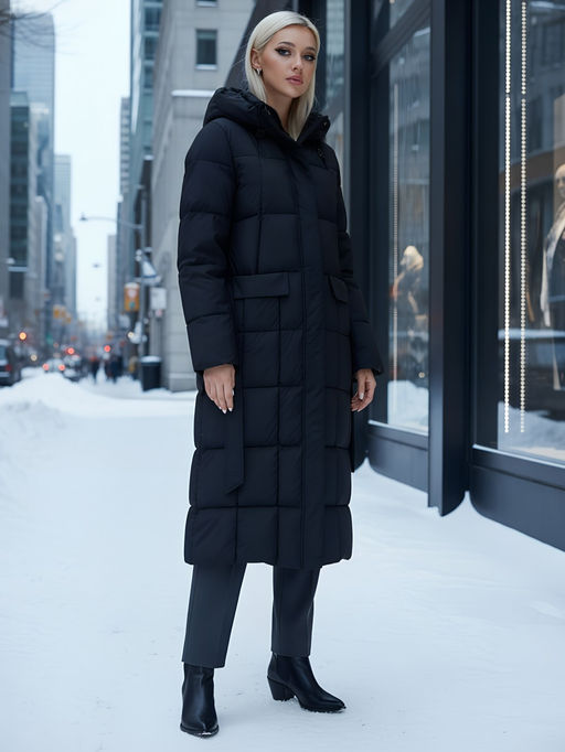 Пальто утепленное стеганное зимнее с капюшоном женское черного цвета 9609Ch - Mtforce фото 21