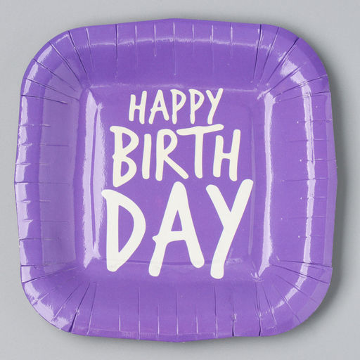 Цена за 10 шт. Тарелка бумажная квадратная Happy Birthday,фиолетовая, 16,5х16,5 см