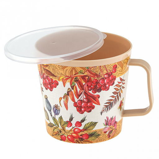 Контейнер-кружка пластмассовый 0,75л, д11,2см, 10,5см, с крышкой, с клапаном, бежевый, с декором, подходит для СВЧ (Россия)